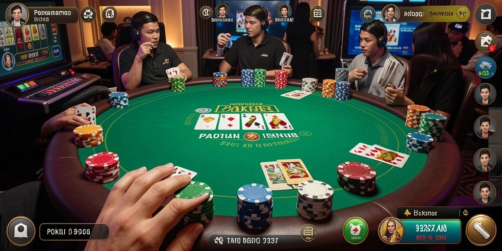 Tampilan screenshot 93337 menampilkan serunya permainan Poker dengan banyak pemain.