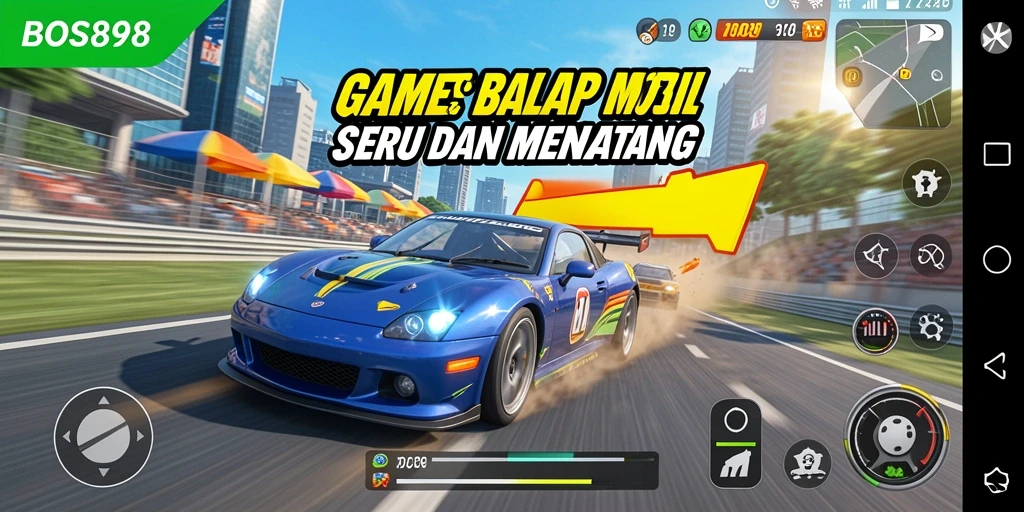 Screenshot gameplay BOS898 menampilkan balapan mobil yang mendebarkan.