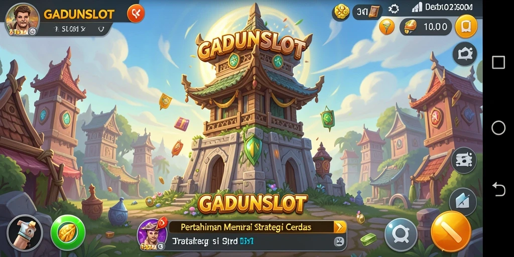 Gameplay GADUNSLOT menampilkan penempatan menara dan serangan musuh yang intens.