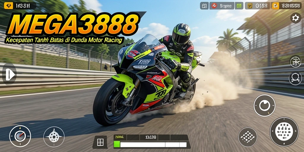 Screenshot gameplay <strong>MEGA388</strong> menampilkan balapan sepeda motor yang seru di lintasan berliku.