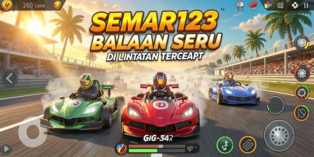 Tangkapan layar utama SEMAR123 menampilkan aksi balapan yang cepat dan mendebarkan.
