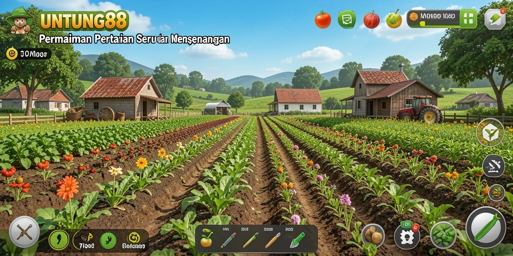 Tampilan gameplay UNTUNG88 dengan pertanian yang indah dan aktivitas bercocok tanam.