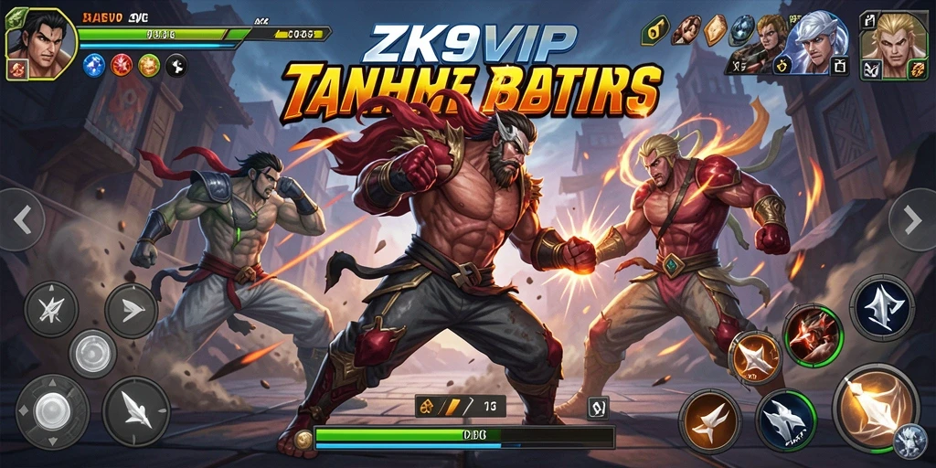 Screenshot utama ZK9VIP menampilkan momen pertarungan intens antara karakter.